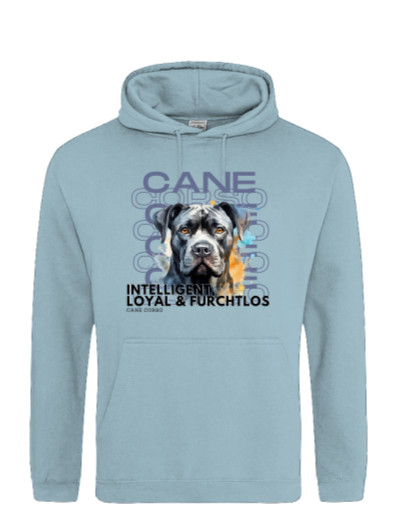 Produktbild Hoodie mit Aquarell Motiv "Cane Corso" Das Motiv hebt alle tollen Eigenschaften dieser HUnderasse hervor. Inelligen, Loyal, Furchtlos. Der Hoodie ist in hellem blau.