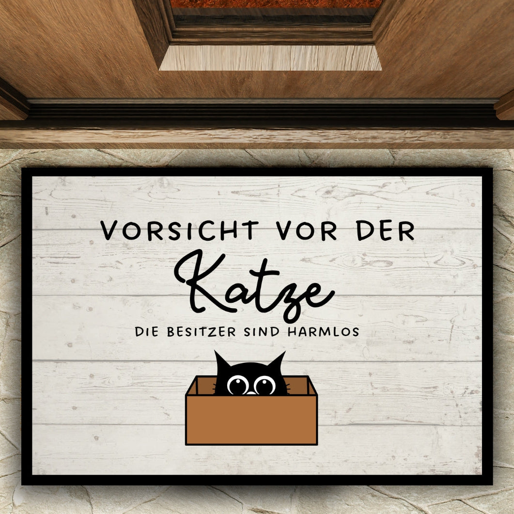 Fußmatte Katze, Katzenbesitzer, Aufdruck Vorsicht vor der Katze- die Besitzer sind harmlos. Lustige Fußmatte für Innenraumbereich.