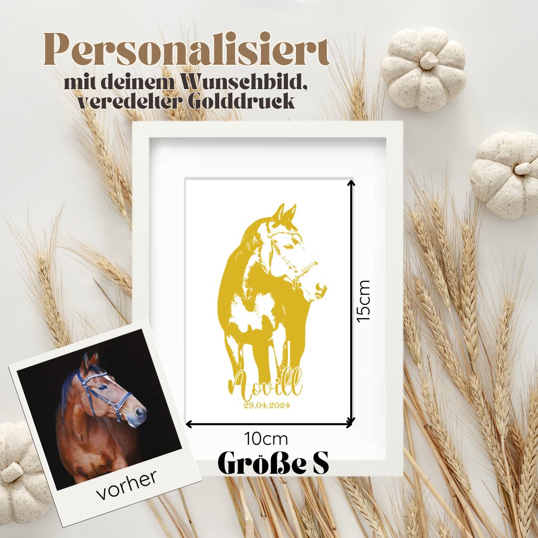 Tierdruck, personalisiertes goldenes Portrait nach Bildvorlage erstellt. Bild veredelt mit Goldfolie.