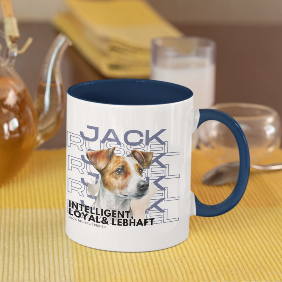 Tasse Motiv "Jack Russel Terrier" die Hunderasse im Rasseportrait, Tasse mit blauem Rand/Henkel