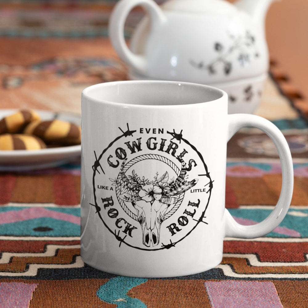Western Tasse für Cowgirls mit dem coolen Aufdruck 'Even Cowgirls like a little Rock and Roll