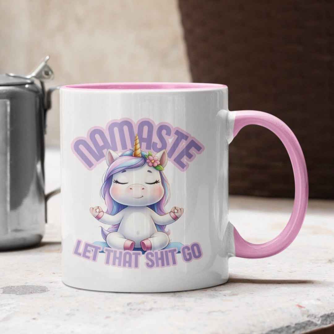 Witzige Einhorn-Tasse, lustiges Motiv-Namaste, let that shit go