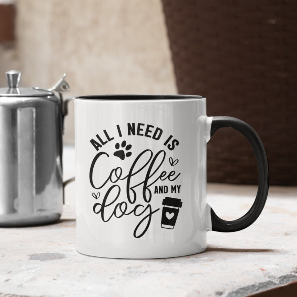 Kaffeetasse #hundeliebe mit Aufdruck 'all I need is coffee and my dog' schwarzer Henkel und Innenfärbung