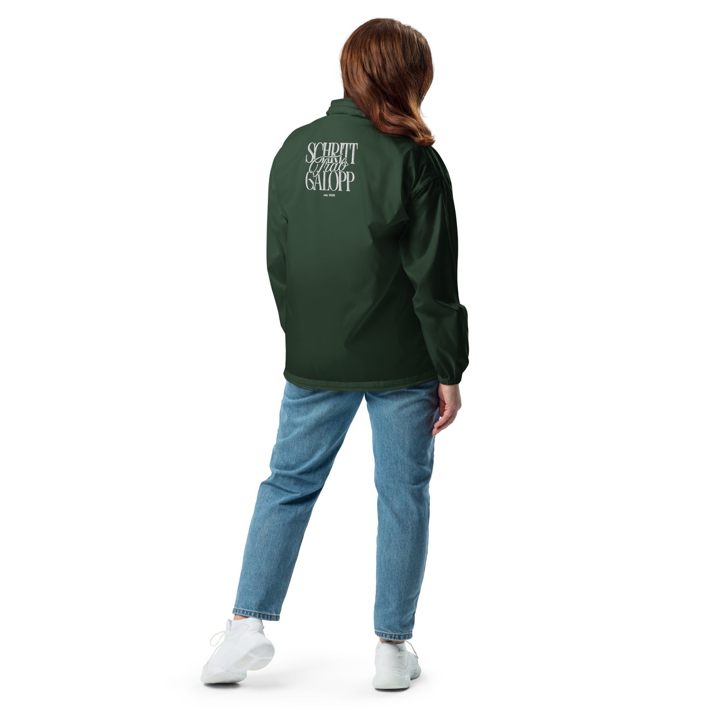 Windbreaker Jacke für Reiter und Reiterinnen. Pferdemotiv "Schritt, Trab, Galopp" Großes Motiv auf dem Rücken