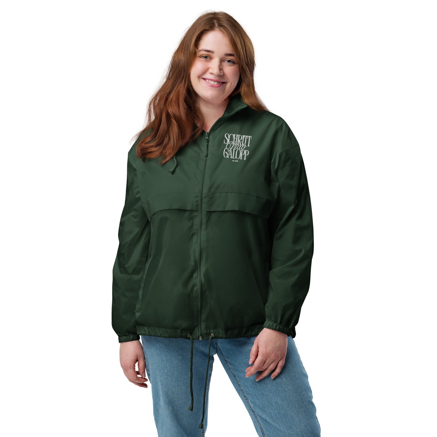 Windjacke für Reiter, Stick Motiv "Schritt Trab Galopp" Farbe Grün
