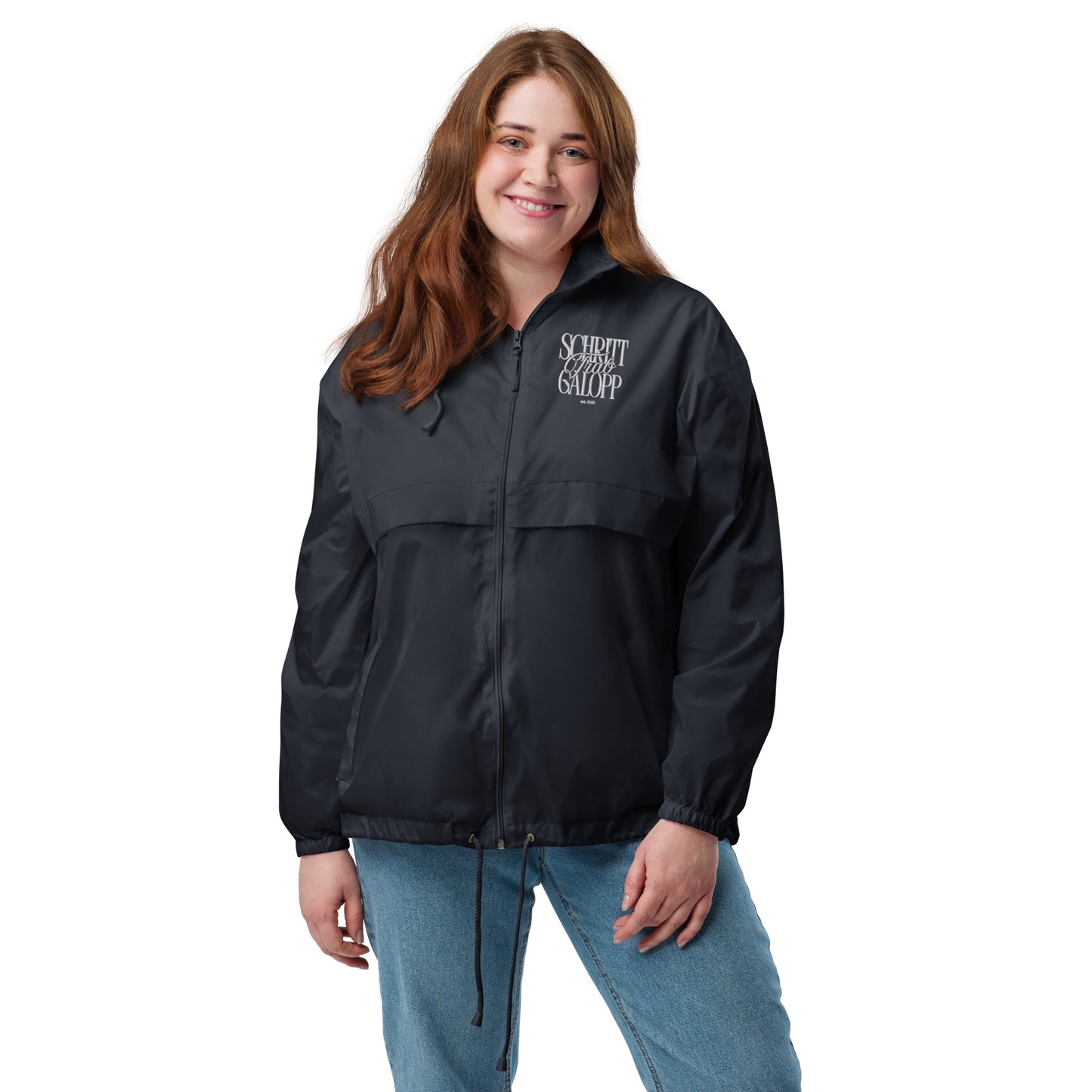 Windbreaker Jacke für Reiter und Reiterinnen. Pferdemotiv "Schritt, Trab, Galopp" Farbe Navy