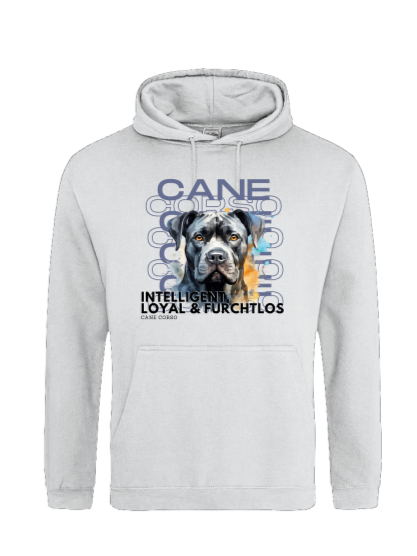 Produktbild Hoodie mit Aquarell Motiv "Cane Corso" Das Motiv hebt alle tollen Eigenschaften dieser HUnderasse hervor. Inelligen, Loyal, Furchtlos. Der Hoodie ist in weiss