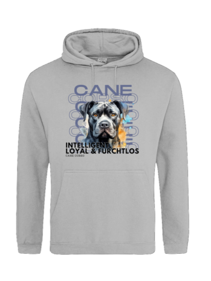 Produktbild Hoodie mit Aquarell Motiv "Cane Corso" Das Motiv hebt alle tollen Eigenschaften dieser HUnderasse hervor. Inelligen, Loyal, Furchtlos. Der Hoodie ist in hellem grau