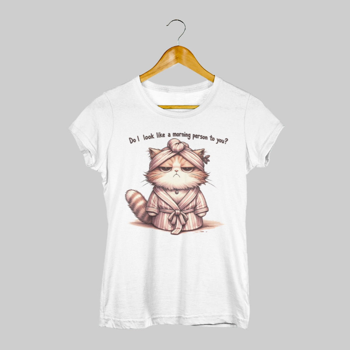damen shirt morgenmuffel, lustiges motiv für langschläfer, Print 'do i look like morning person to you' und witzigem katzen motiv