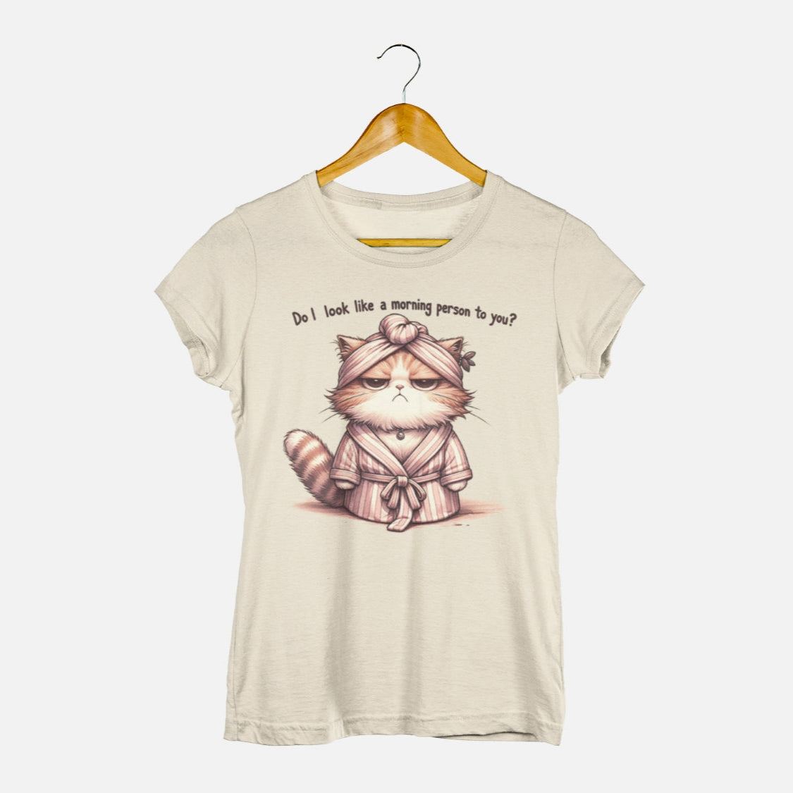 damen shirt morgenmuffel, lustiges motiv für langschläfer, Print 'do i look like morning person to you' und witzigem katzen motiv