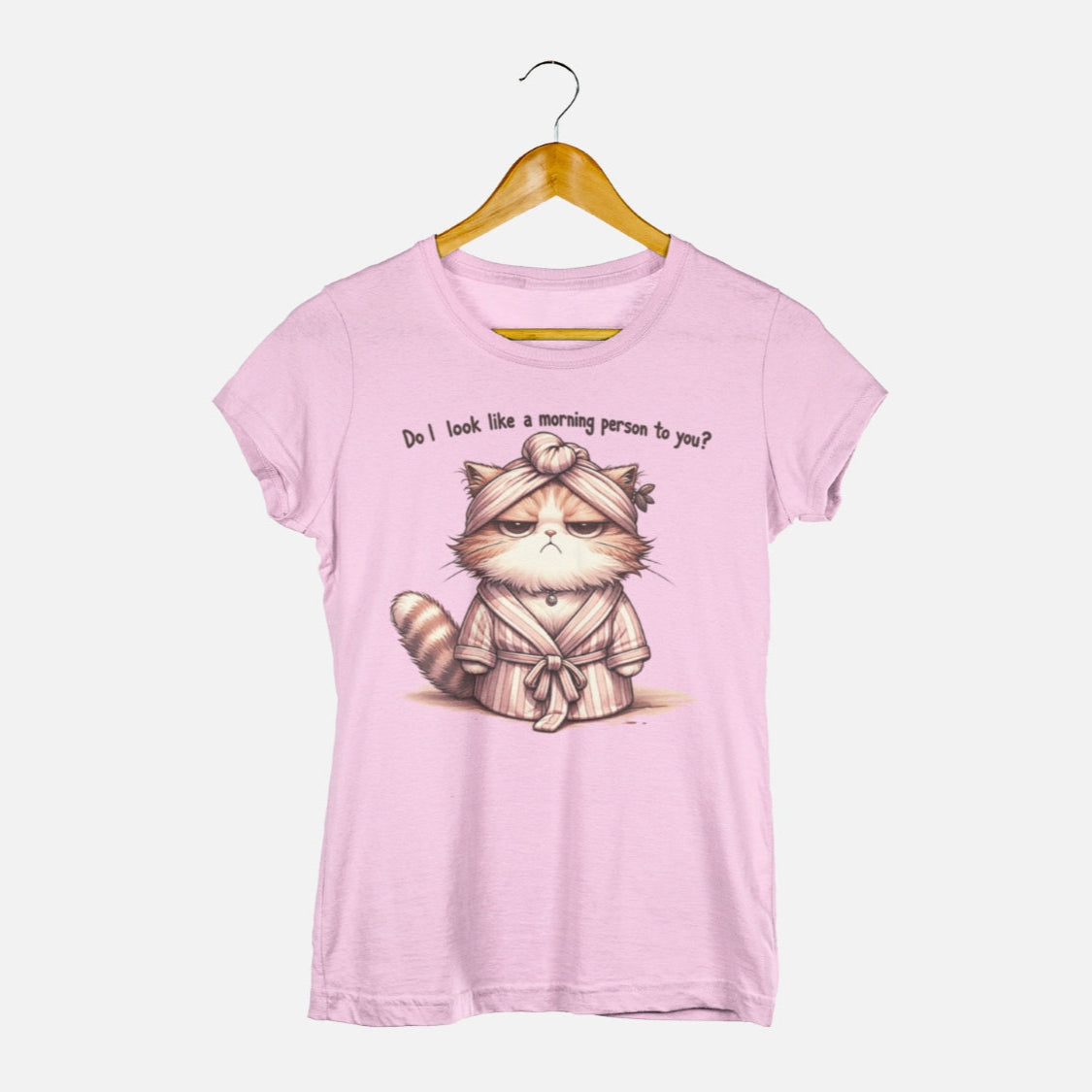 damen shirt morgenmuffel, lustiges motiv für langschläfer, Print 'do i look like morning person to you' und witzigem katzen motiv