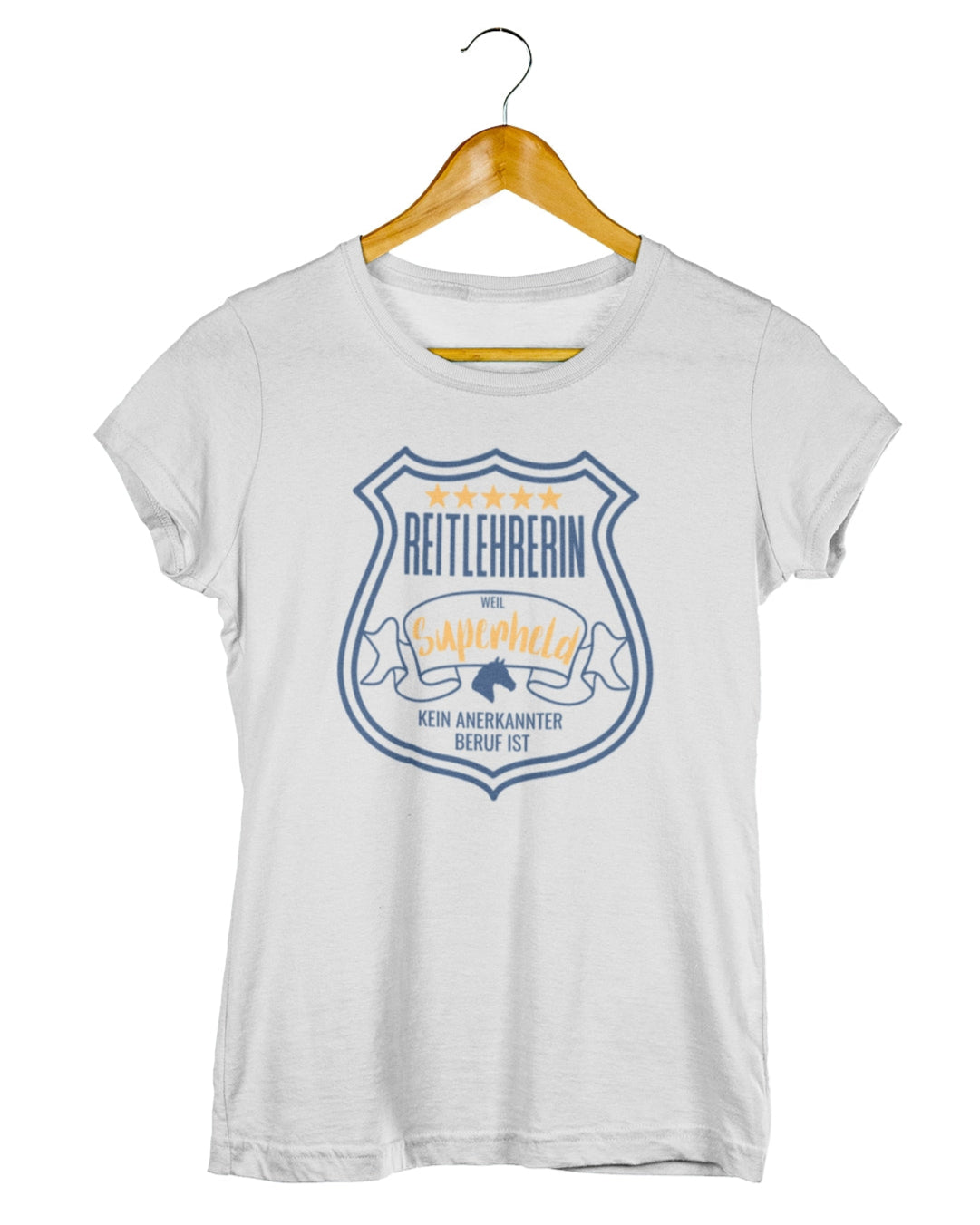 Damenshirt für reitlehrerinnen, Spruch "Reitlehrerin, weil Superheld kein anerkannter Beruf ist." Shirtfarbe Hellgrau Meliert