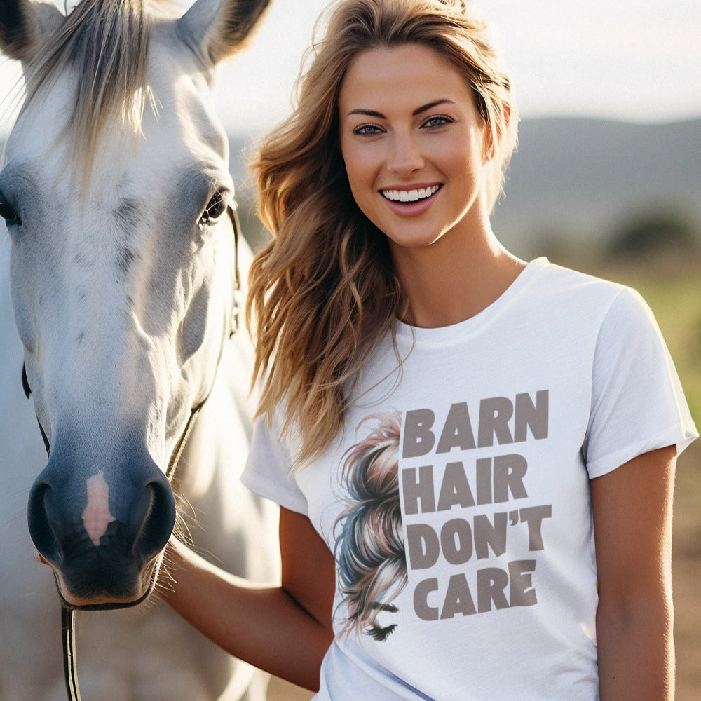 Damenshirt für Reiterinnen, Print `Barn Hair Don´t Care` für Stall- und Freizeit. Ideale Geschenkidee für Pferdemädchen.