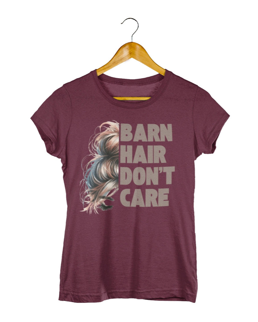 Damen Shirt "barn hair don´t care" für Stall- und Freizeit. Stilvolles Pferdeshirt für die moderne Pferdefrau. Shirt Burgundy.