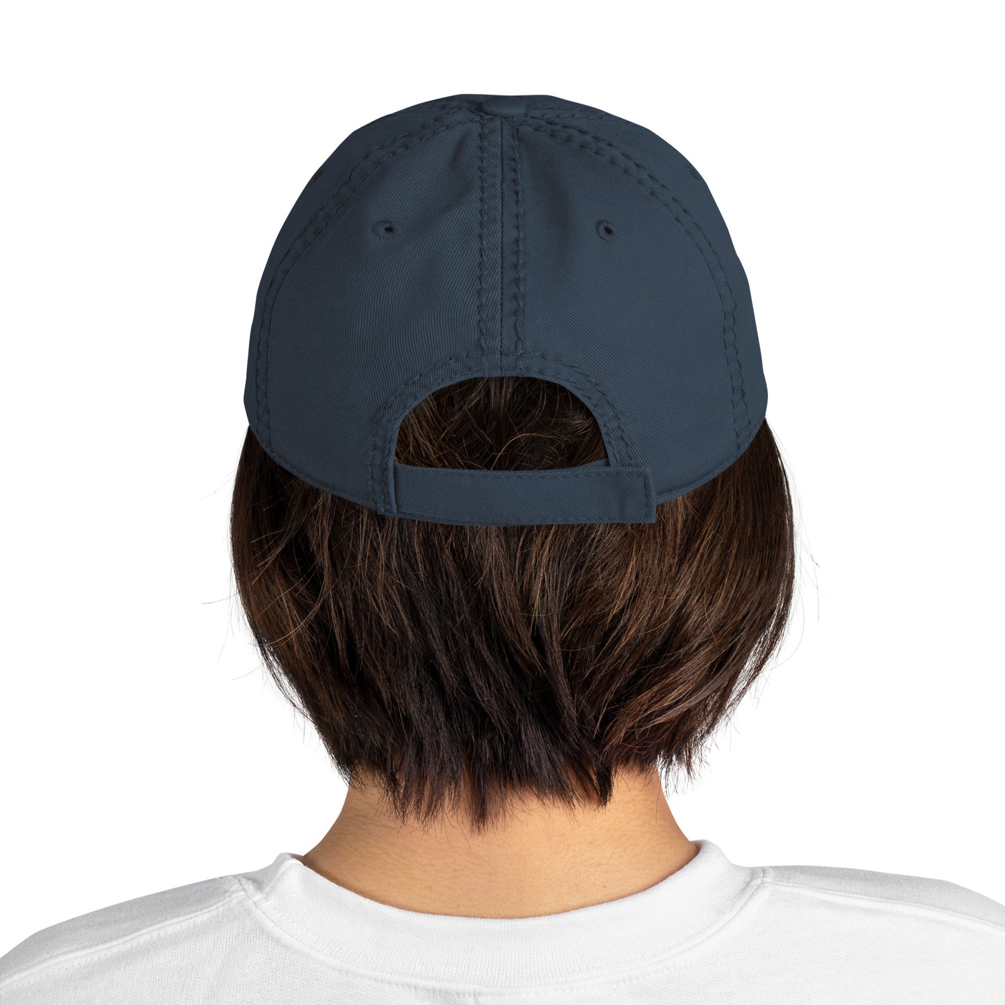 Reitmütze bzw Reiter Caps mit Pferdemotiv "Schritt, Trab, Galopp" für Reiterinnen und Reiter in Einheitsgröße. Das Motiv ist vorne gestickt und super robust, die Cap ist in coolem "used" look. Abbildung von hinten- Klettverschluss.