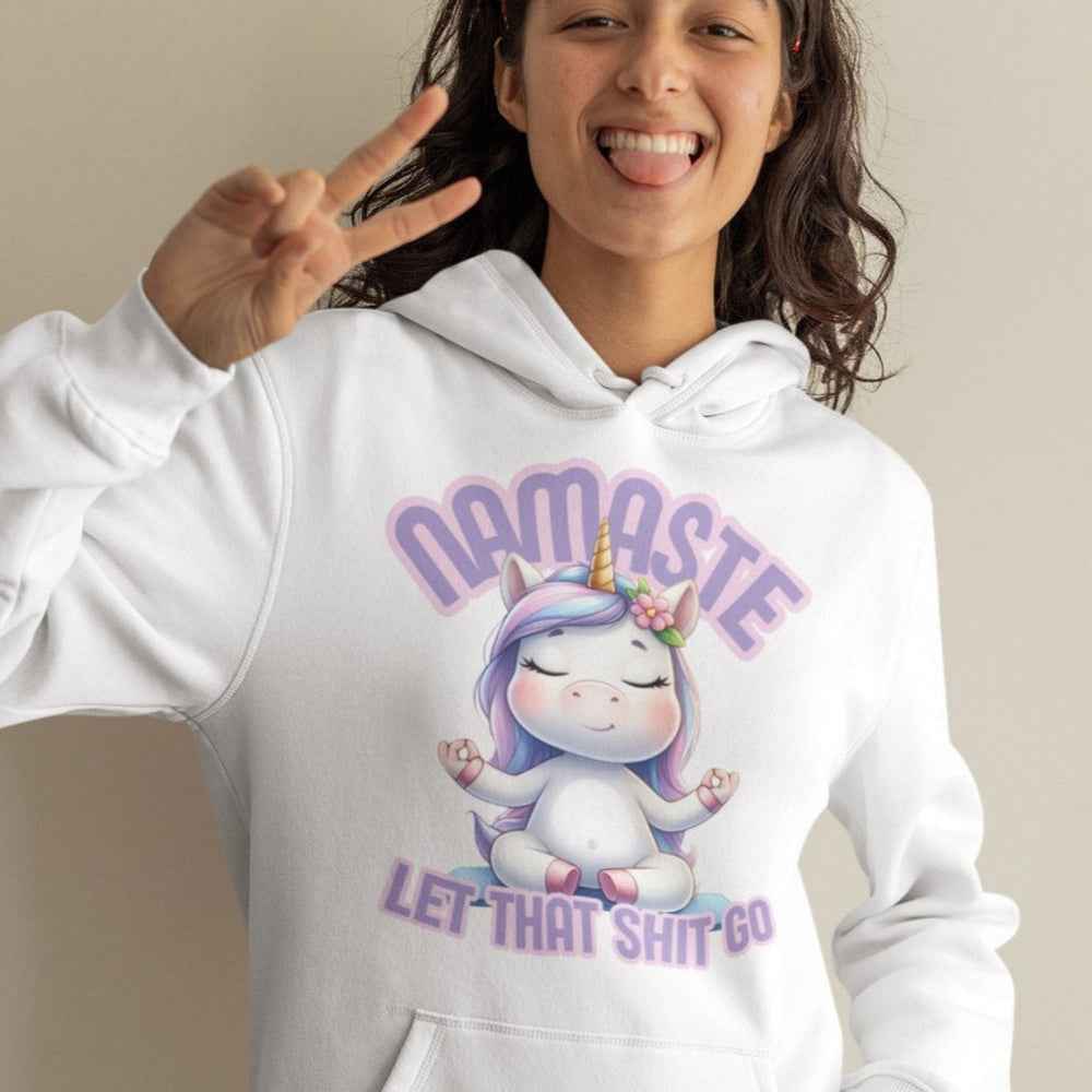 Einhorn Damen Hoodie, mit Spruch: "Namaste, let that shit go"