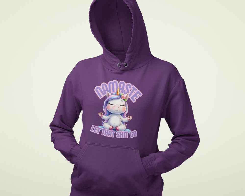 Einhorn Damen Hoodie, mit Spruch: "Namaste, let that shit go"