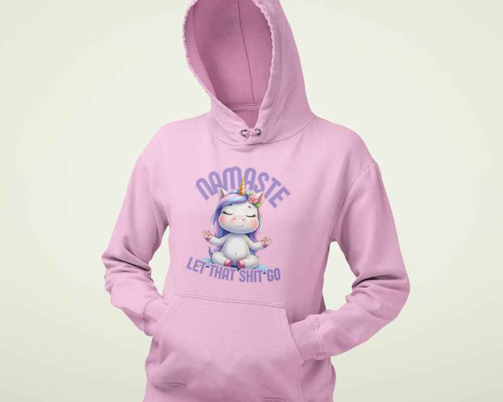 Einhorn Damen Hoodie, mit Spruch: "Namaste, let that shit go"