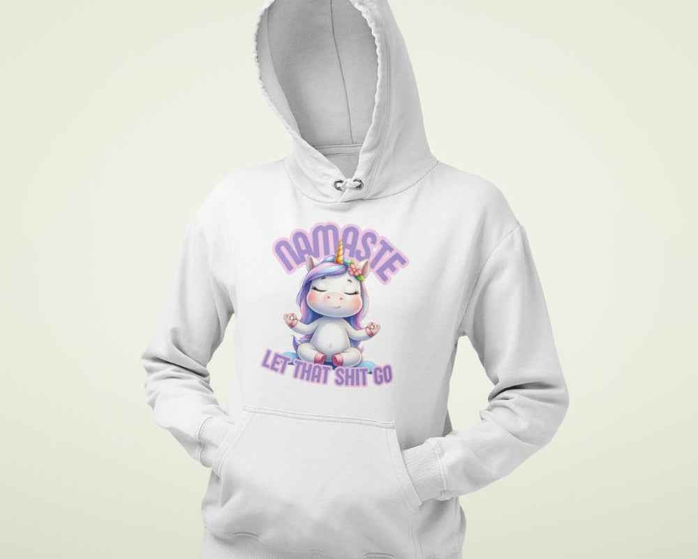 Einhorn Damen Hoodie, mit Spruch: "Namaste, let that shit go"