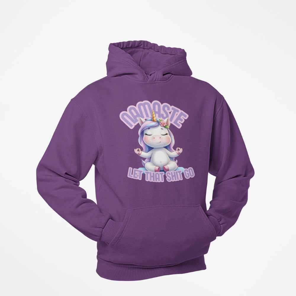Unisex Hoodie, lustiges Einhorn Motiv mit Spruch: Namaste, let that shit go