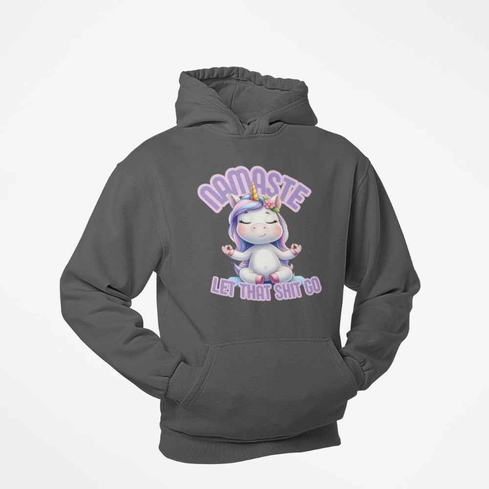 Unisex Hoodie, lustiges Einhorn Motiv mit Spruch: Namaste, let that shit go