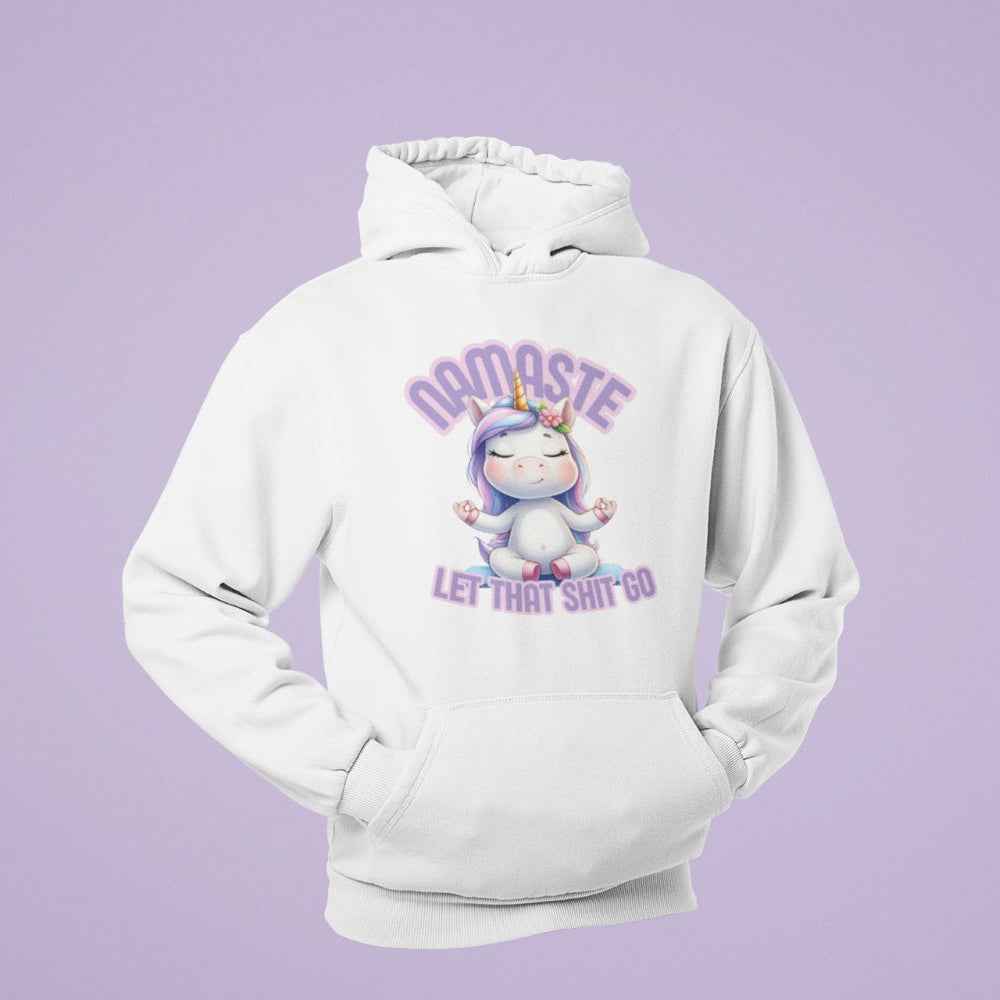 Unisex Hoodie, lustiges Einhorn Motiv mit Spruch: Namaste, let that shit go