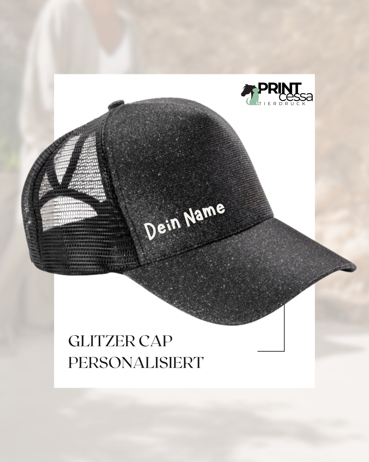 Gestalte deine Glitzer Cap selbst! Unsere Caps funkeln im Licht um die wette, und sind ein absolutes Highlight. Du kannst zb deinen Intagram Namen und Namen von dein Pferd auf die Cap drucken lassen.