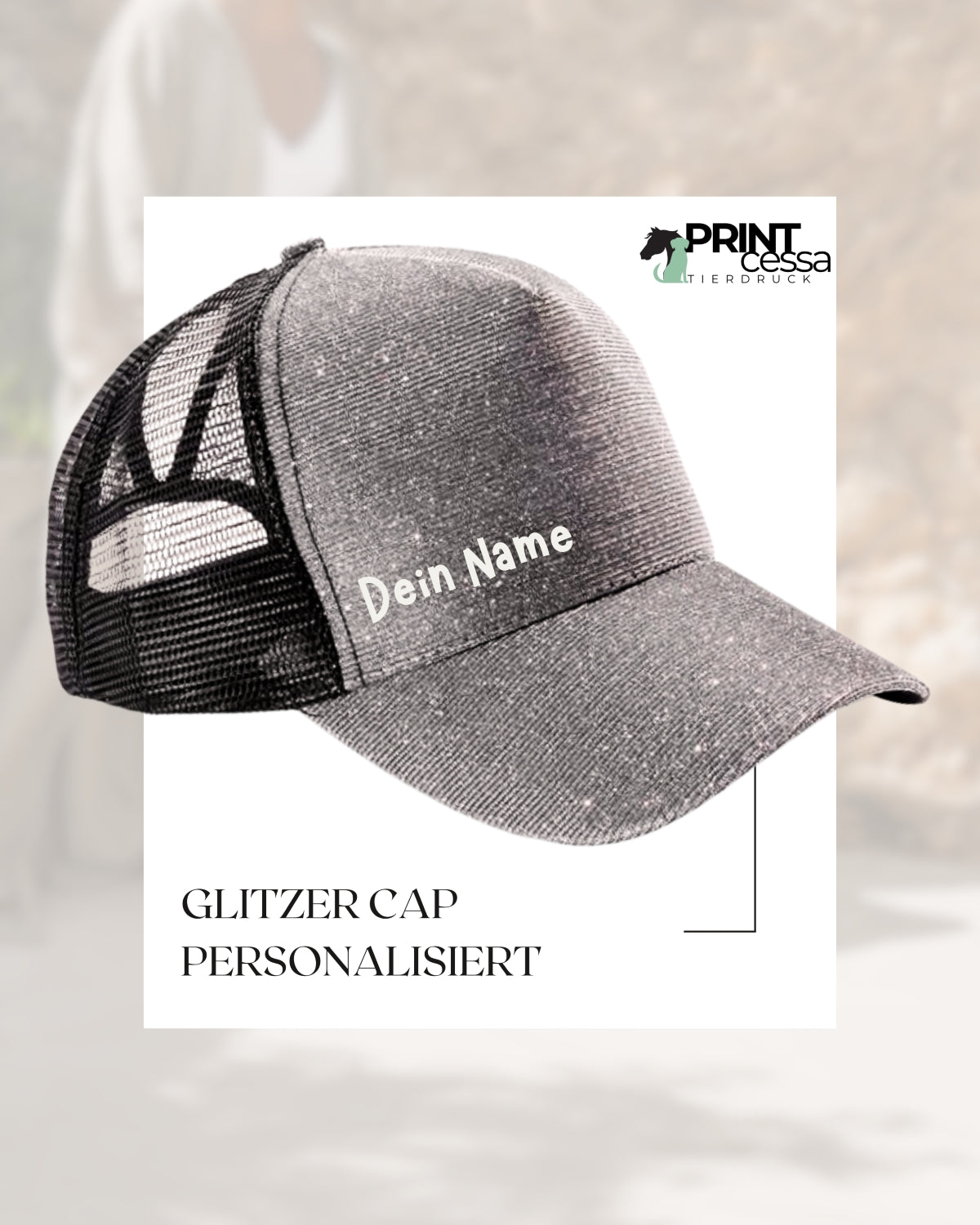 Silber Glitzer Cap mit deinem Wunschnamen! Personalisiere jetzt deine Cap selbst. Geschenkidee für Tierbesitzer als absolutes Unikat.