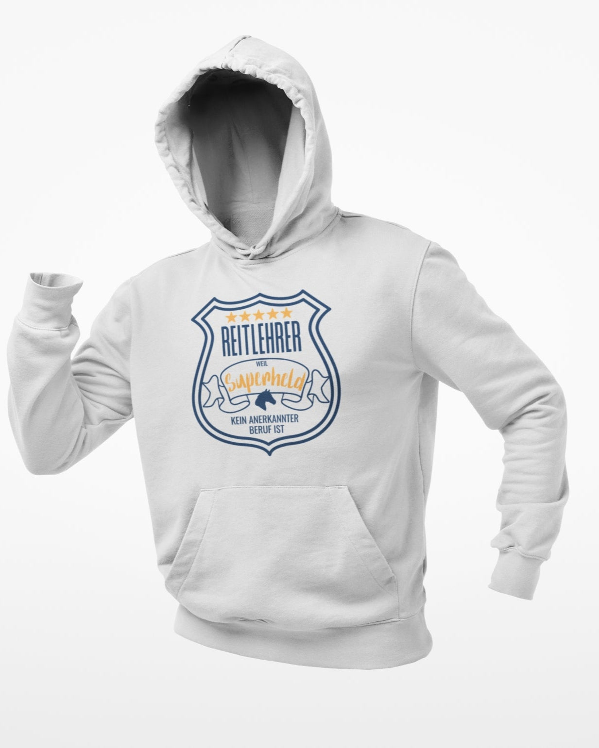 Unisex Hoodie für deinen Reitlehrer mit Spruch: "Reitlehrer, weil Superheld kein anerkannter Beruf ist" Hoodie Farbe hellgrau
