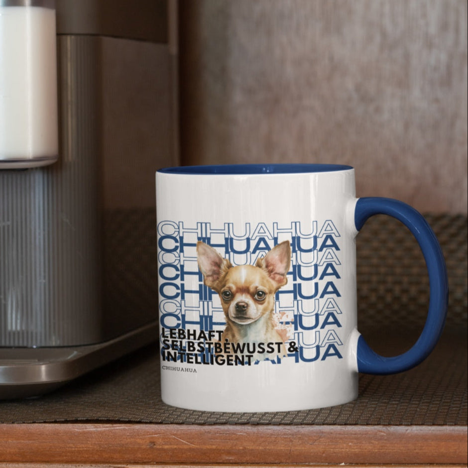 Keramiktasse Chihuahua Motiv, die Hunderasse im Rasseportrait als cooles Design.