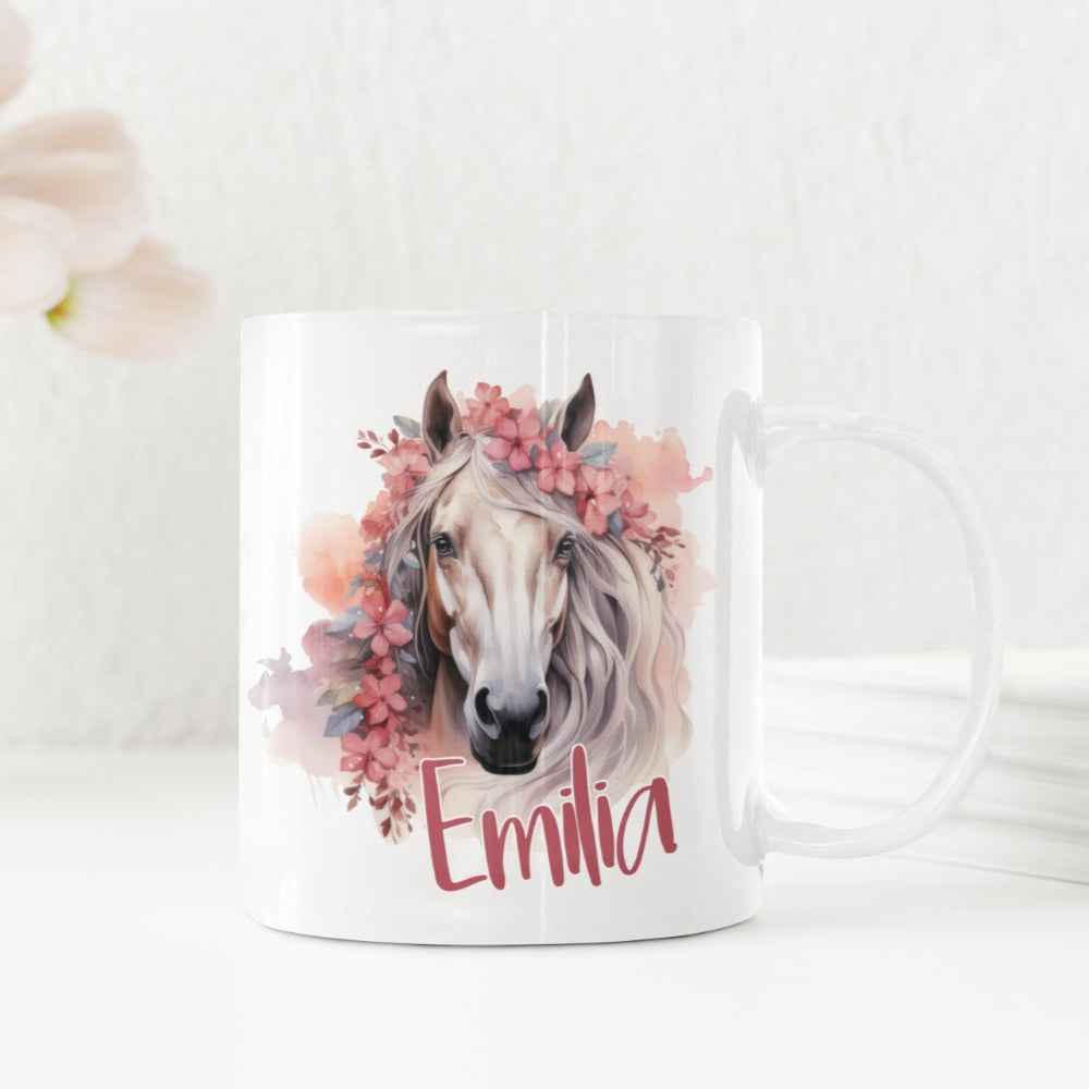 Personalisierte Pferdetasse Blumig für Mädchen – Einzigartiges Geschenk