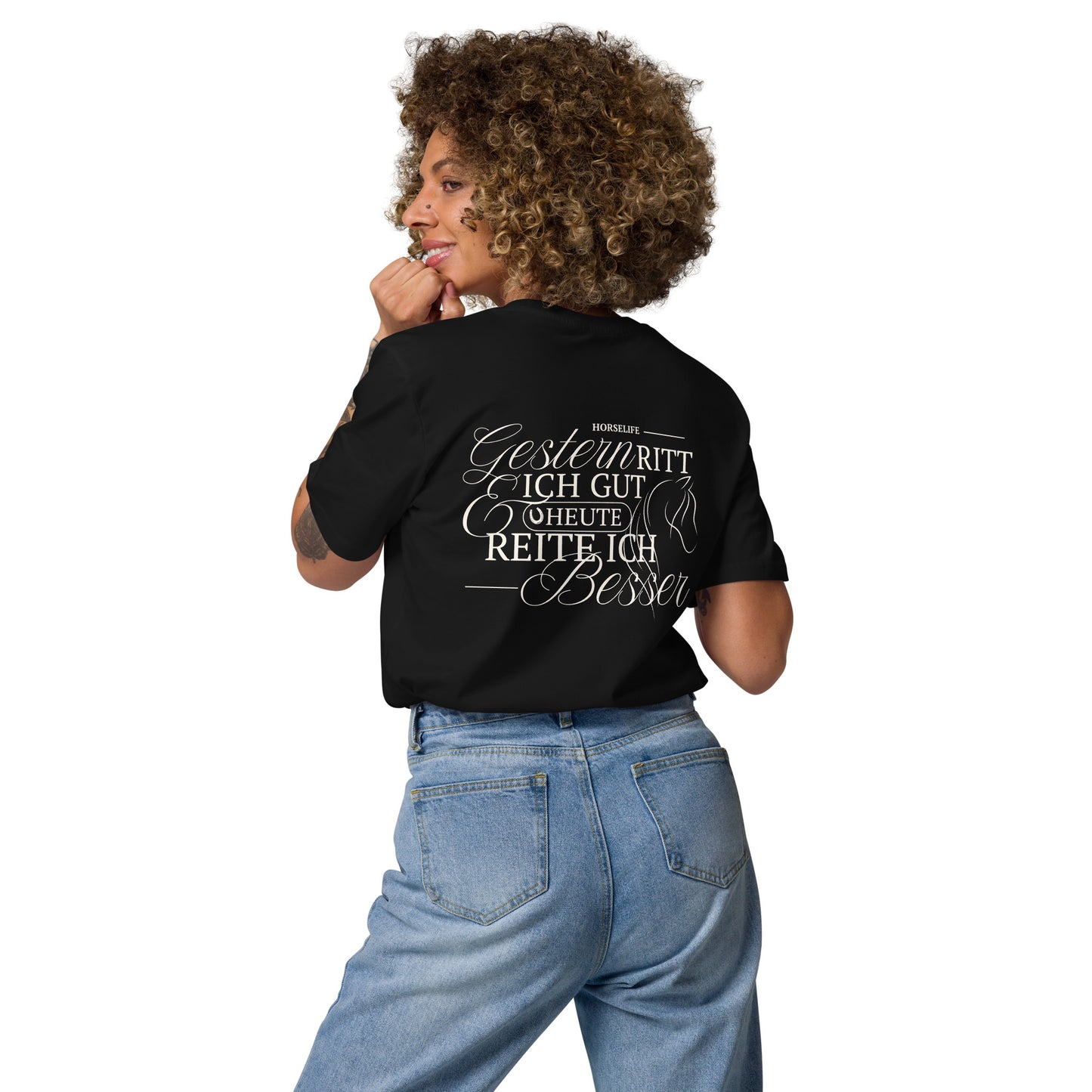 Shirt für Reiterinnen mit dem coolen Motiv auf dem Rücken "gestern ritt ich gut & heute reite ich besser" Shirt Farbe schwarz.