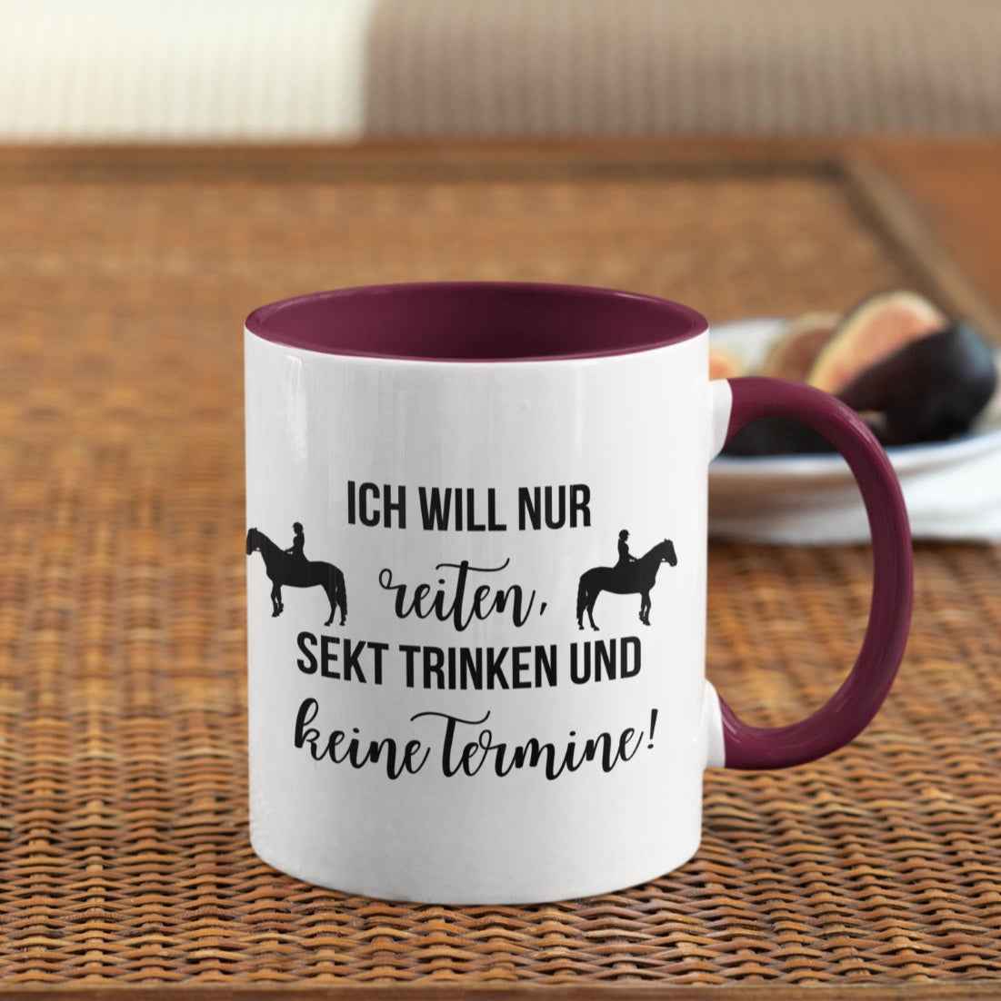 Keramiktasse, "Ich will nur reiten, Sekt trinken und keine Termine!
