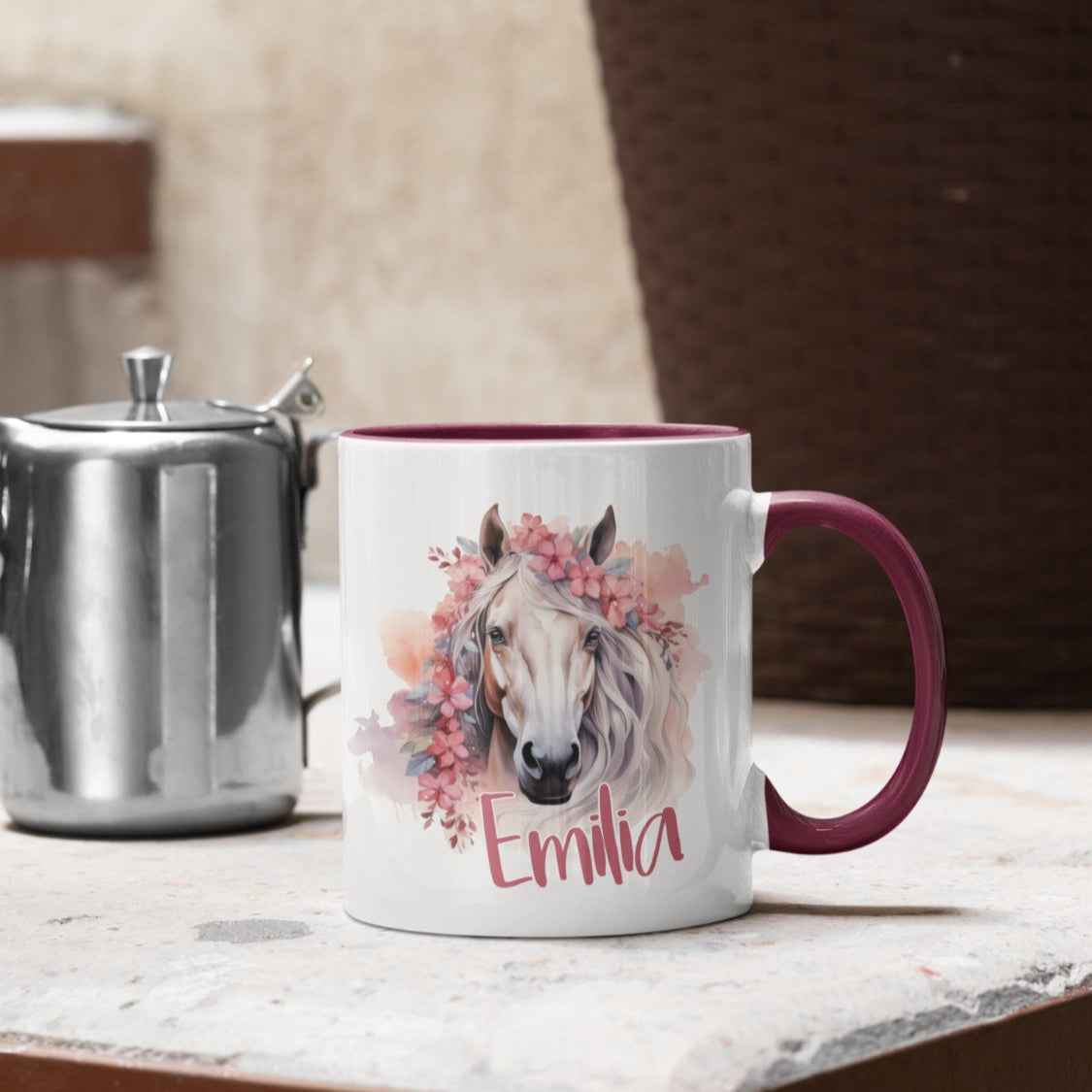 Personalisierte Pferdetasse Blumig für Mädchen – Einzigartiges Geschenk
