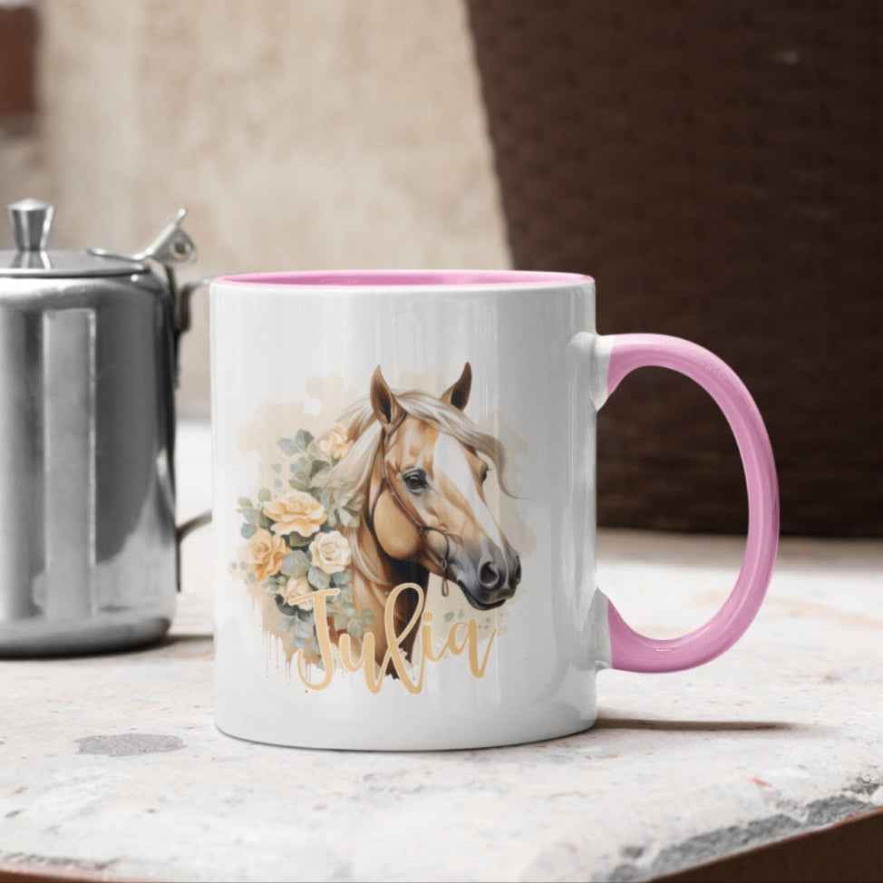 Tasse Haflinger blumig personalisiert - perfekte Geschenkidee