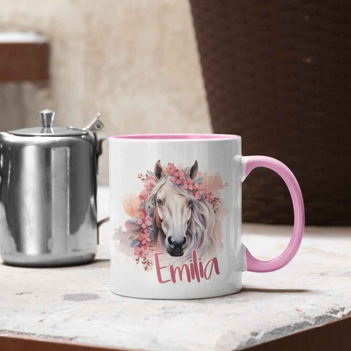 Personalisierte Pferdetasse Blumig für Mädchen – Einzigartiges Geschenk