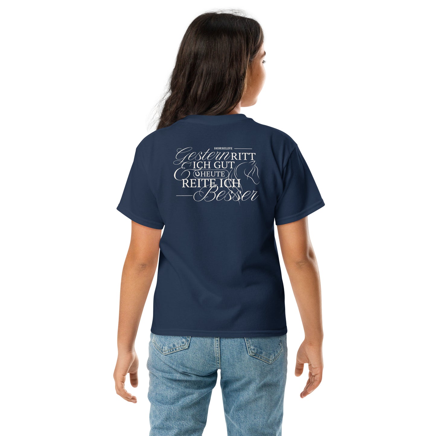Teenager Shirt für Reiterinnen mit dem coolen Motiv auf dem Rücken "gestern ritt ich gut & heute reite ich besser" Shirt Farbe navy blue.