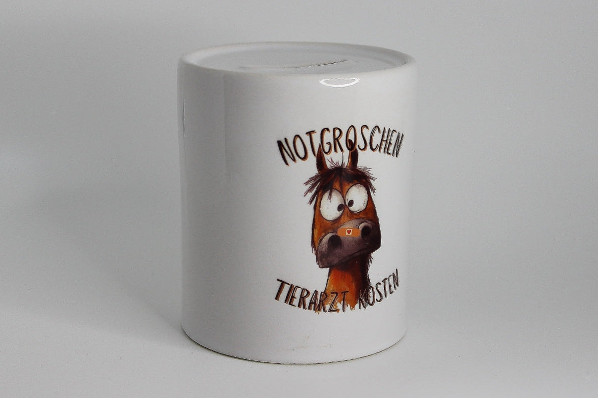 Spardose aus Keramik von Hand bedruckt, Motiv "Notgroschen Tierarzt Kosten" mit süßem Pferdemotiv mit einem Pflaster auf der Nase.