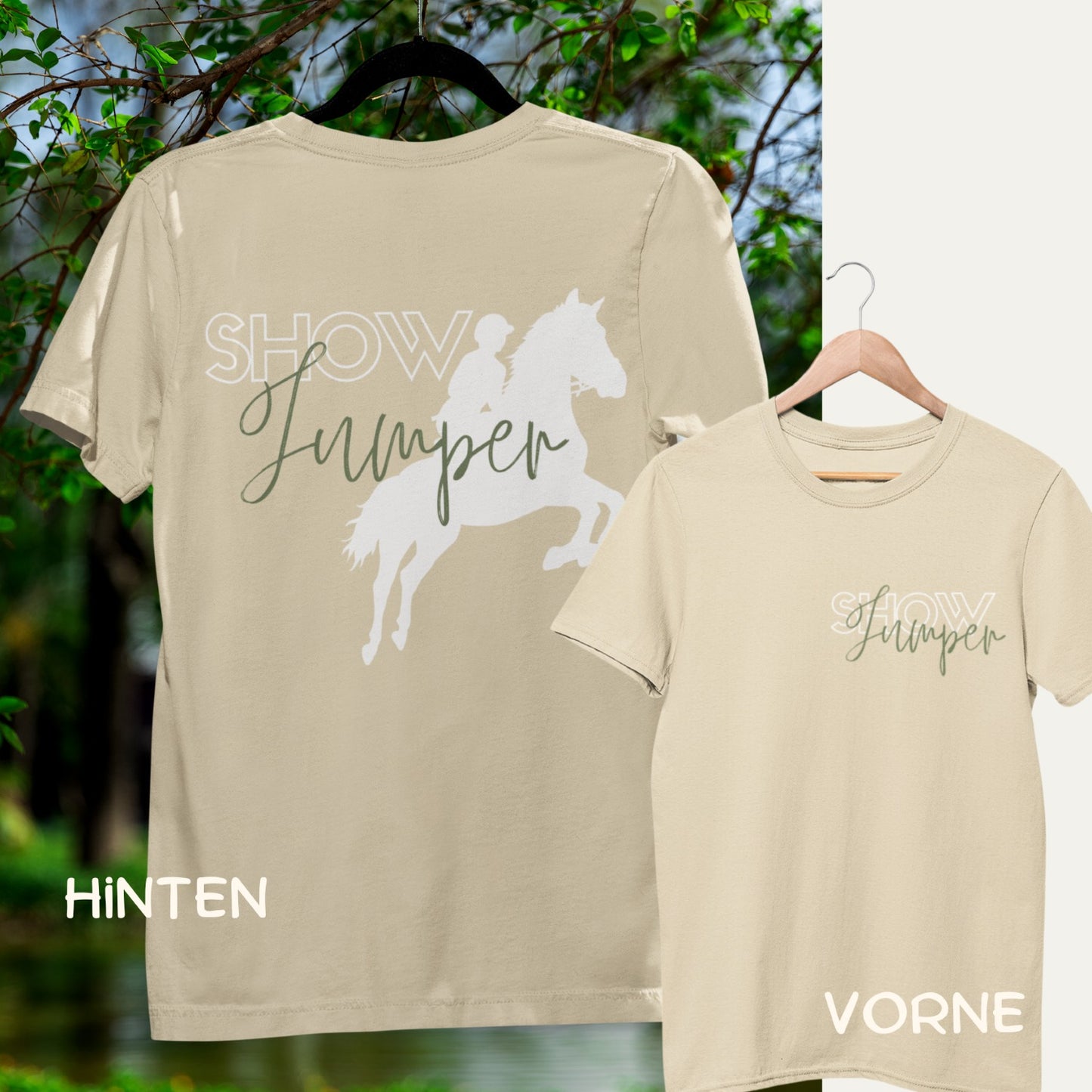 Pferdeshirt für Freizeitreiter und Turnierreiter mit coolem Springreiter Print Showjumper. T-Shirt Farbe Sand.