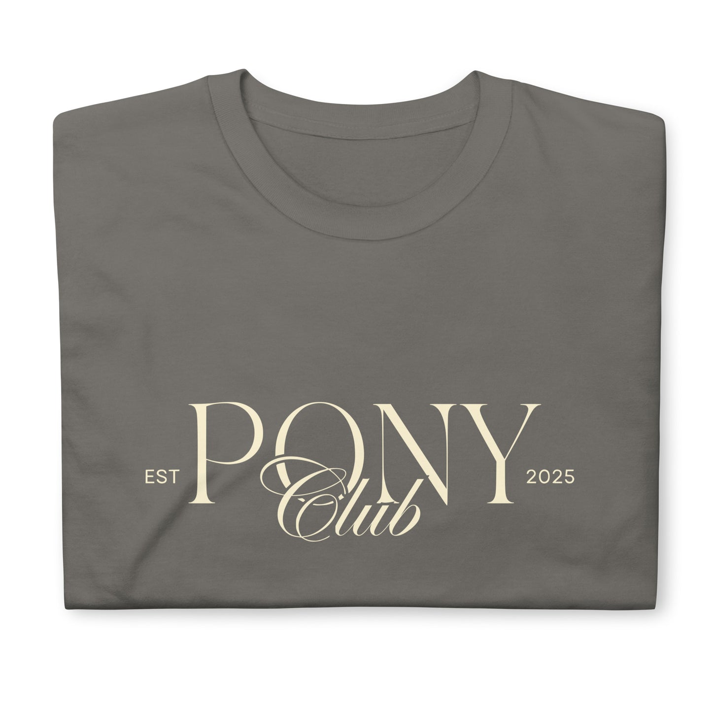 Unisex T-Shirt für Frauen und Männer mit dem Print "Pony Club" auf der Brust. Modernes Design für Pony Liebhaber, Pony Besitzer oder Reitbeteiligungen. Shirt in grau