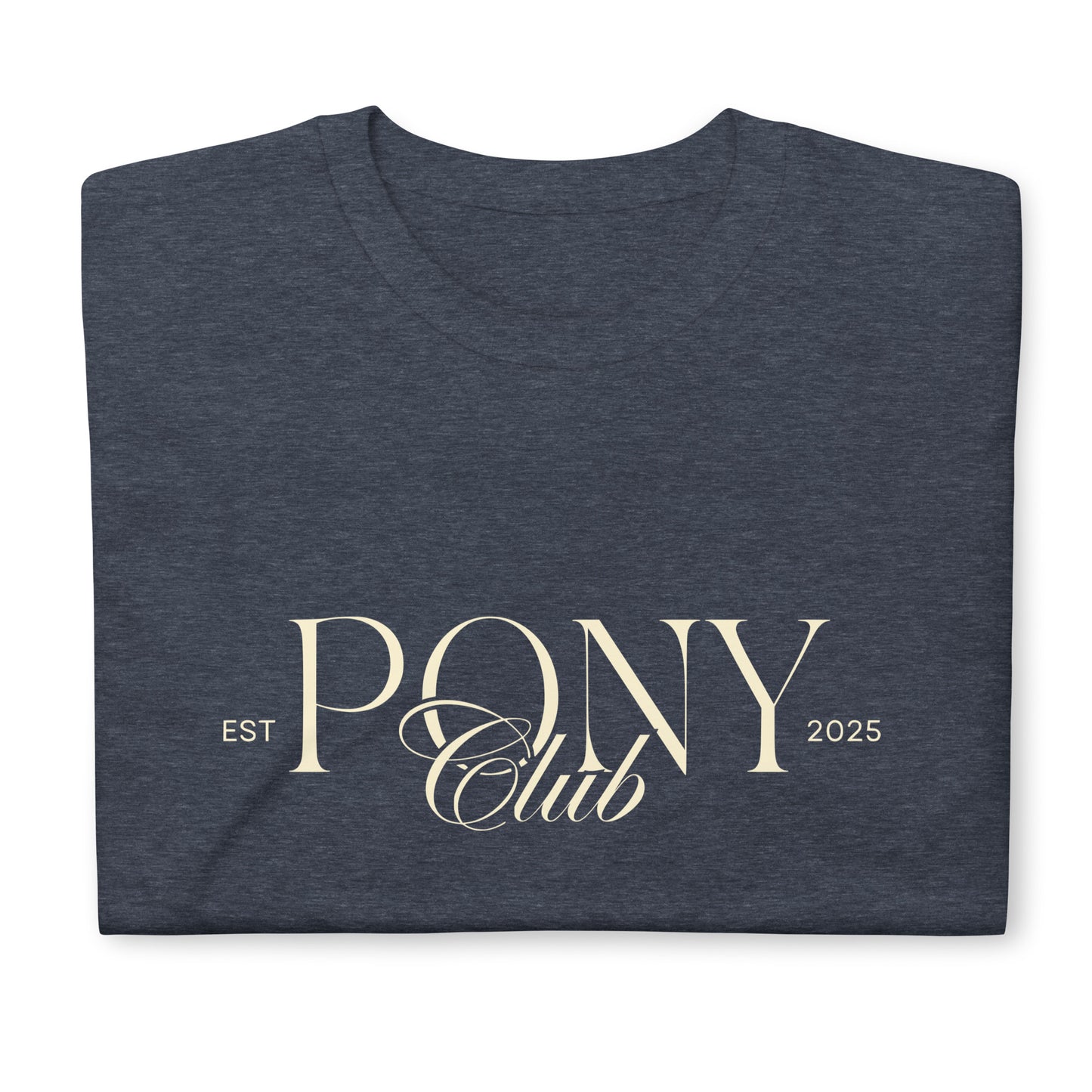 Unisex T-Shirt für Frauen und Männer mit dem Print "Pony Club" auf der Brust. Modernes Design für Pony Liebhaber, Pony Besitzer oder Reitbeteiligungen. Shirt in meliertem Navy Blau