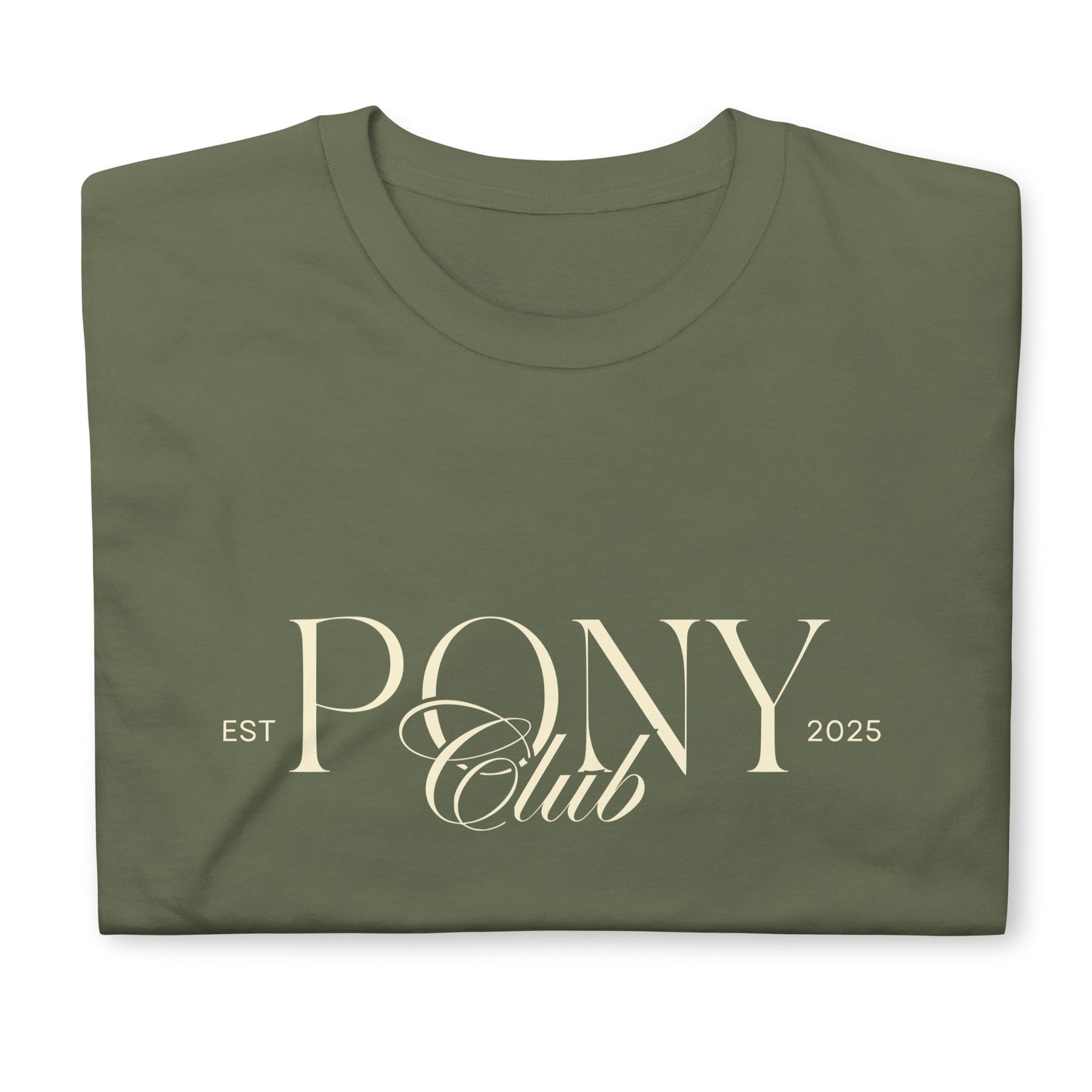 Unisex T-Shirt für Frauen und Männer mit dem Print "Pony Club" auf der Brust. Modernes Design für Pony Liebhaber, Pony Besitzer oder Reitbeteiligungen. Shirt in Khaki Grün