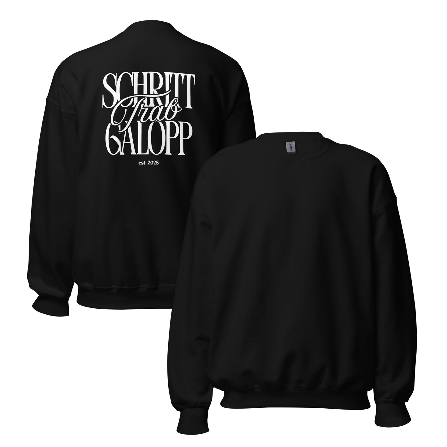 Sweatshirt für Reiterinnen und Reiter in Unisex, moderner Print auf dem Rücken. Schriftzug "Schritt, Trab, Galopp" perfekte Geschenkidee für Pferdefans Farbe schwarz