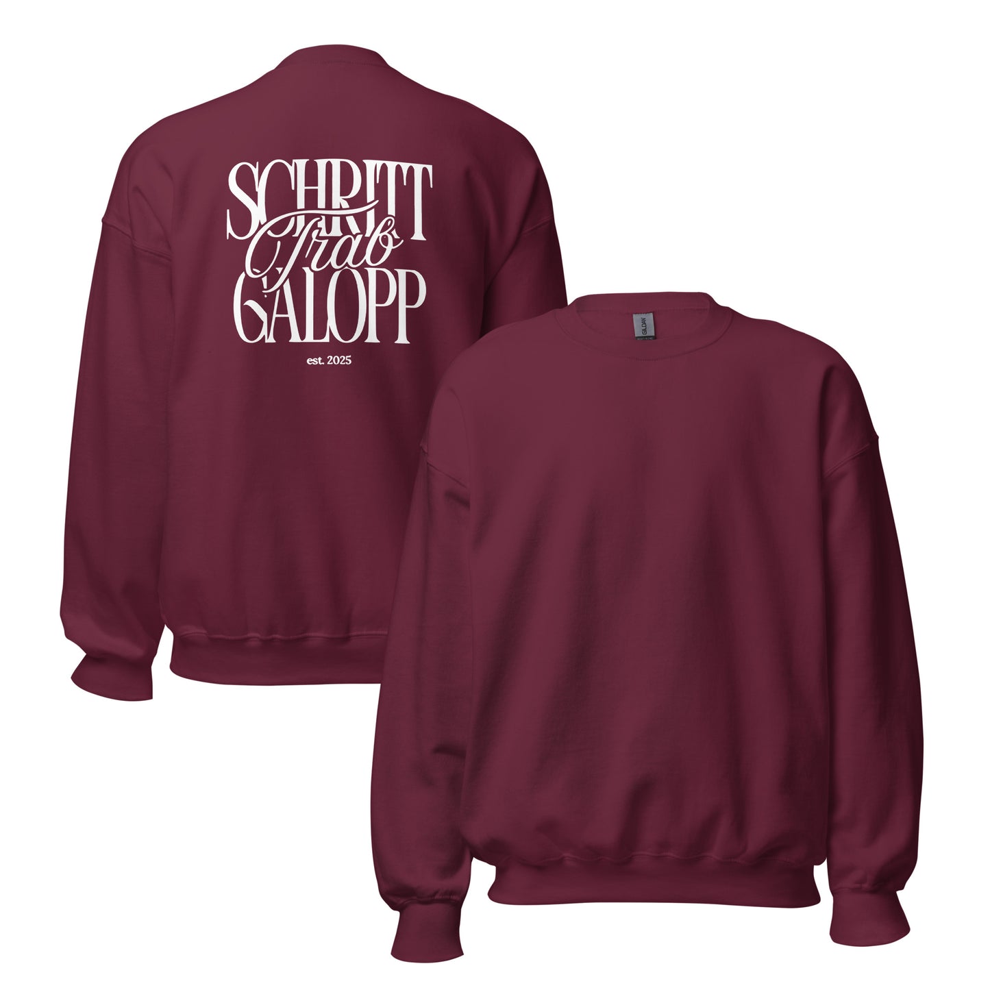 Sweatshirt für Reiterinnen und Reiter in Unisex, moderner Print auf dem Rücken. Schriftzug "Schritt, Trab, Galopp" perfekte Geschenkidee für Pferdefans Farbe Burgundy