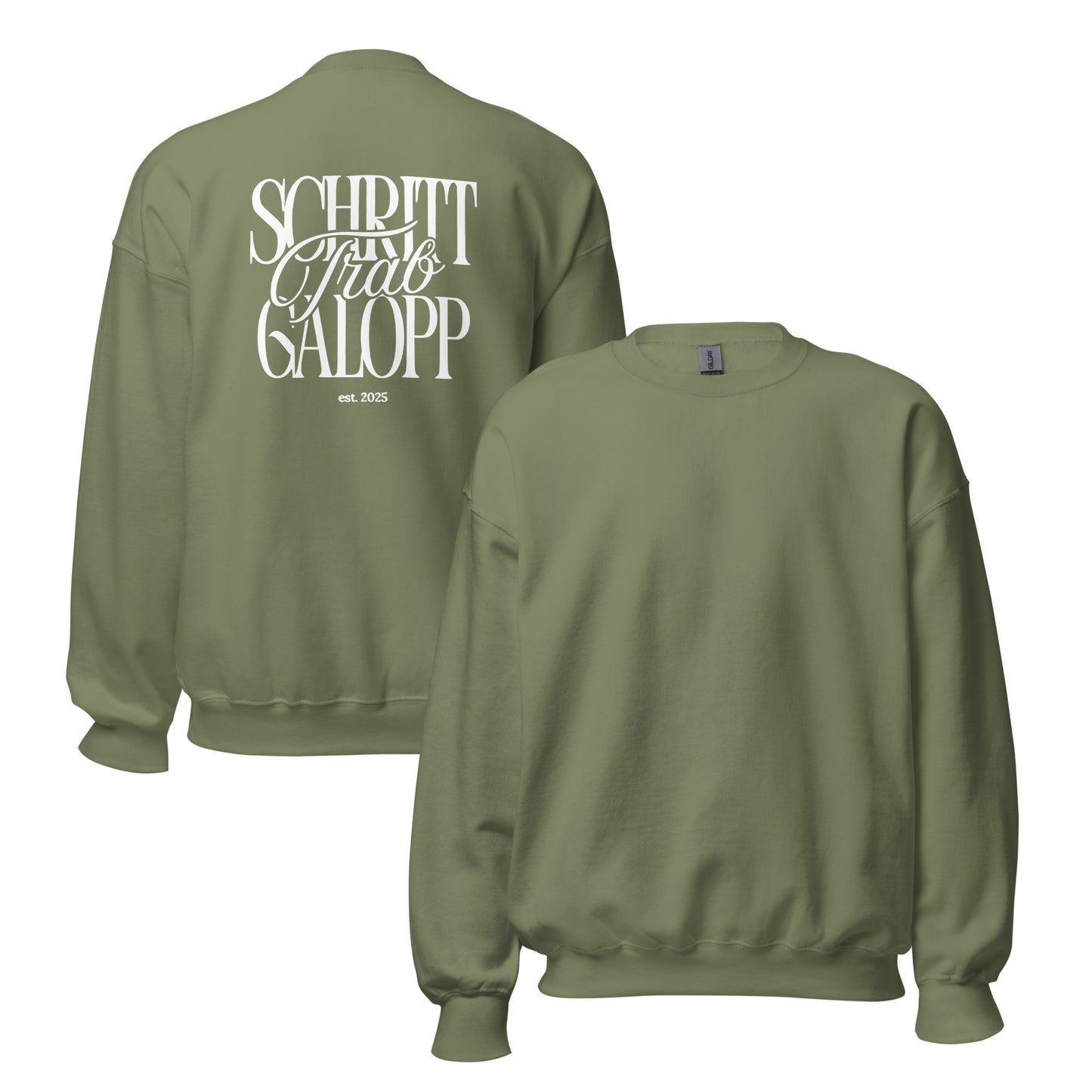Sweatshirt für Reiterinnen und Reiter in Unisex, moderner Print auf dem Rücken. Schriftzug "Schritt, Trab, Galopp" perfekte Geschenkidee für Pferdefans Farbe Khaki