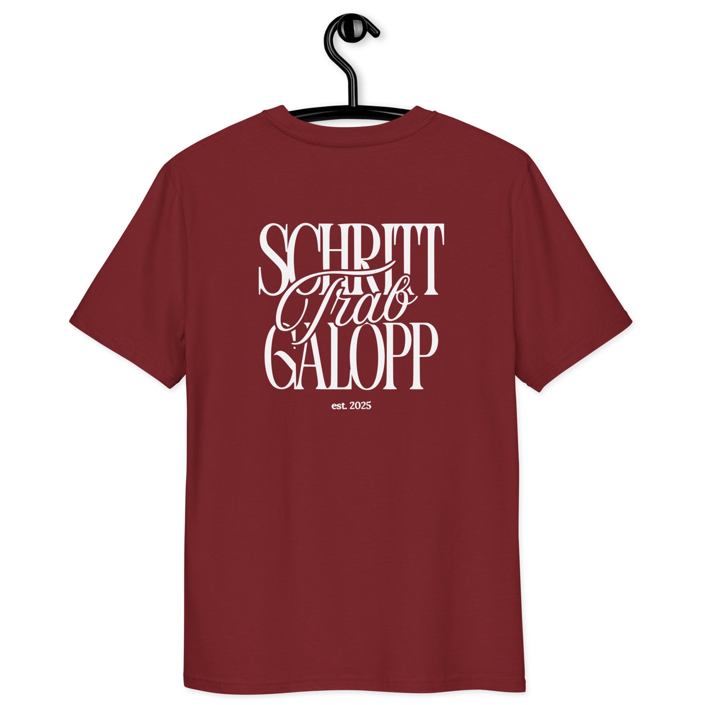 Unisex T-Shirt für Pferdefans, moderner Print "Schritt, Trab, Galopp" auf dem Rücken T.-Shirt Farbe Burgundy
