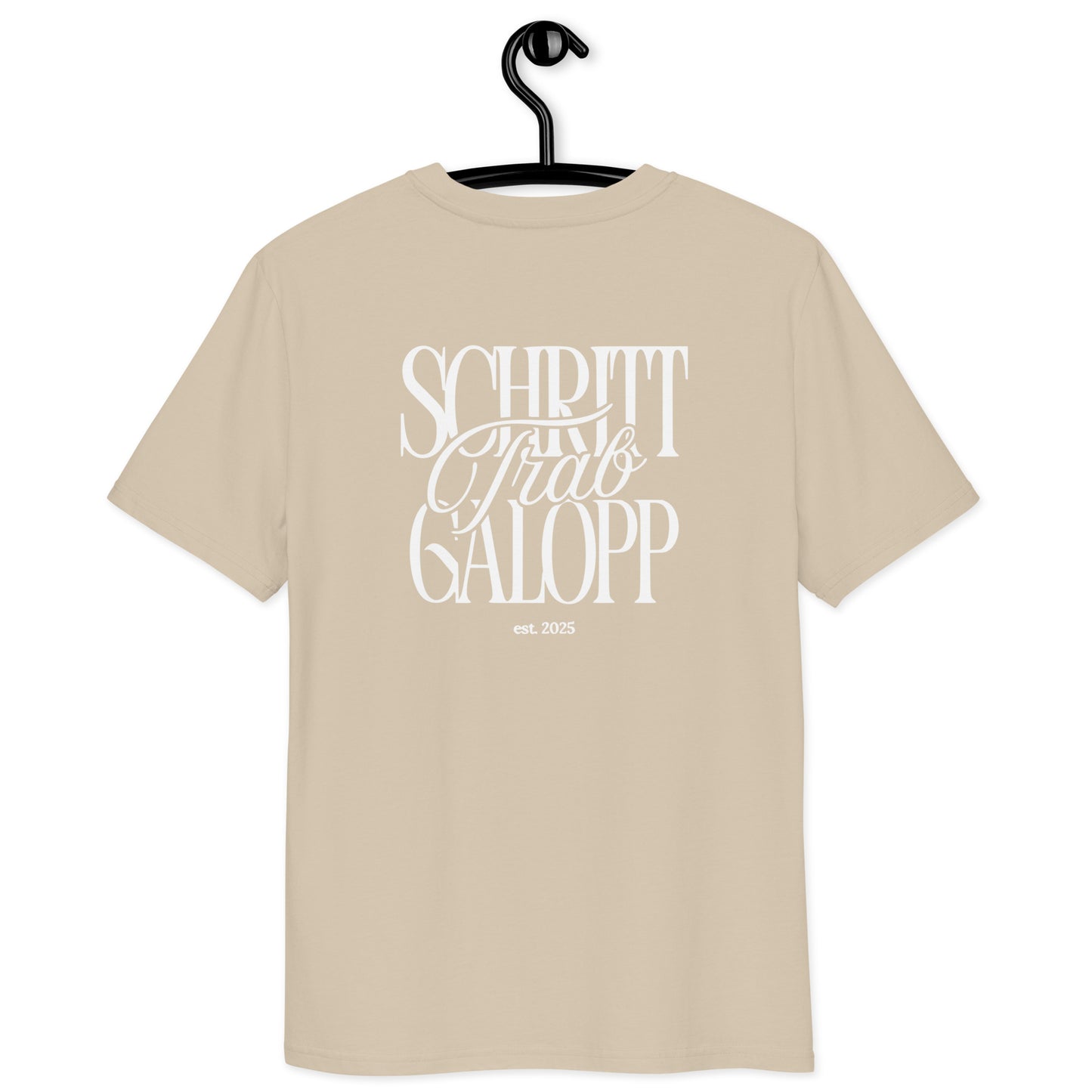 Unisex T-Shirt für Pferdefans, moderner Print "Schritt, Trab, Galopp" auf dem Rücken T.-Shirt Farbe beige