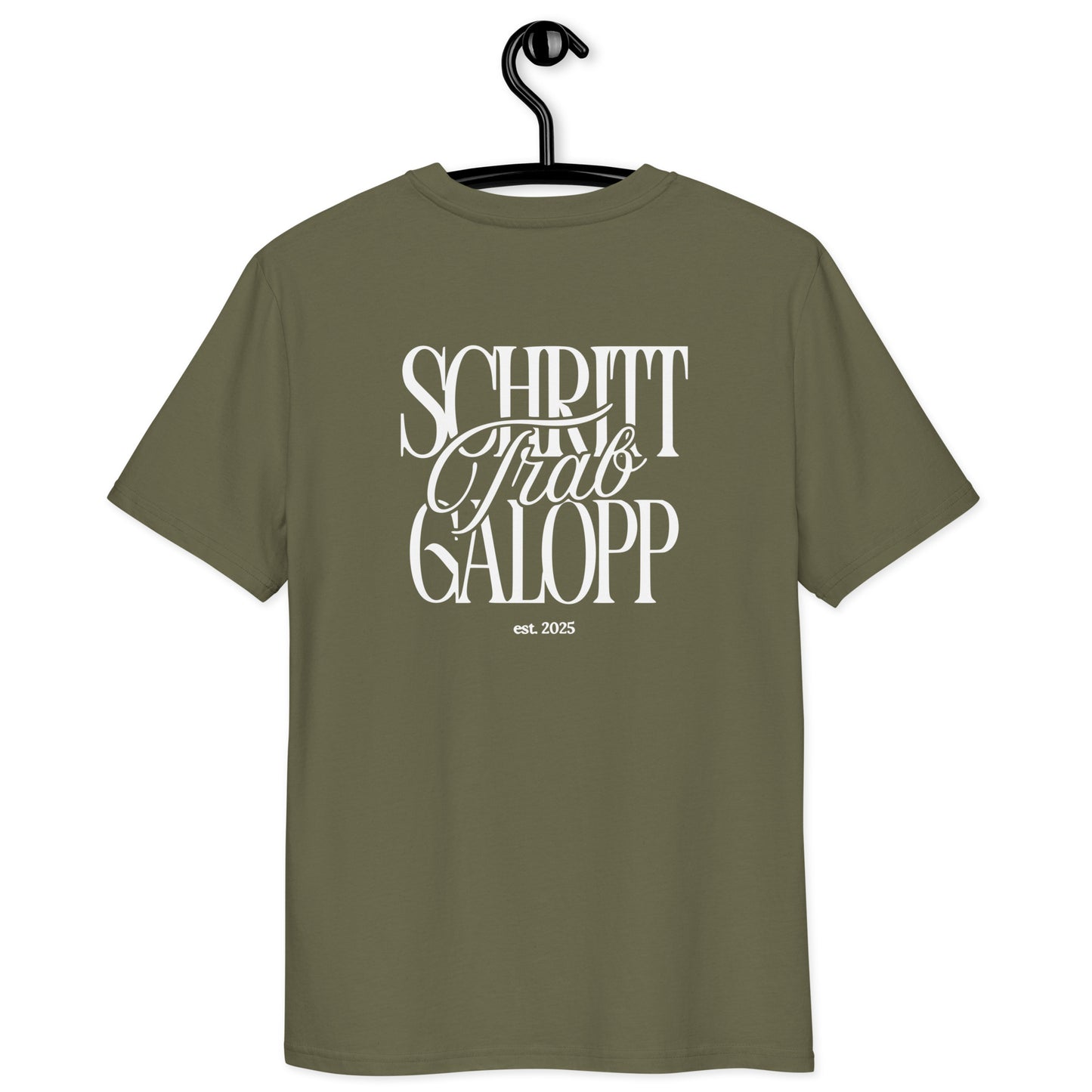 Unisex T-Shirt für Pferdefans, moderner Print "Schritt, Trab, Galopp" auf dem Rücken T.-Shirt Farbe Khaki