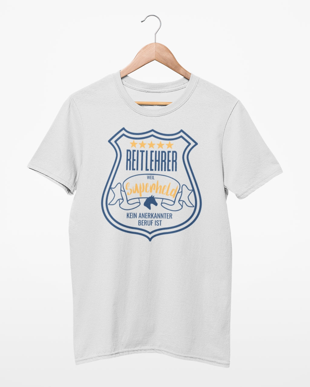 Unisex T-Shirt für deinen Reitlehrer mit Spruch: "Reitlehrer, weil Superheld kein anerkannter Beruf ist" Shirtfarbe hellgrau