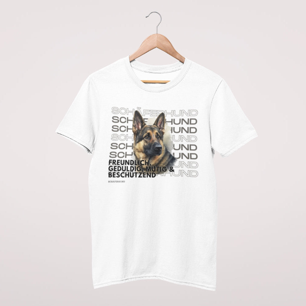 Unisex T-Shirt für Hundebesitzer, Motiv Schäferhund im Rasseportrait, die besten Charaktereigenschaften der Hunderasse.